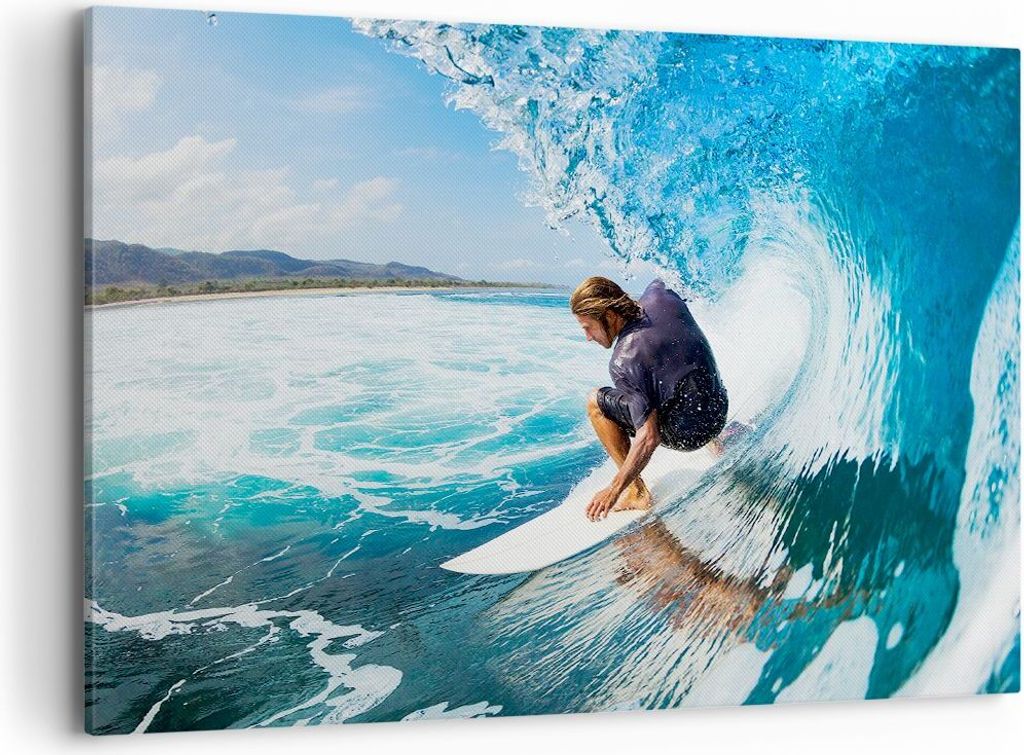 Bild auf Leinwand - Leinwandbild - Surfen Surfer Ozean Welle - 100x70cm - Wand Bild - Wanddeko - Leinwanddruck - Bilder - Kunstdruck - Wanddekorati...