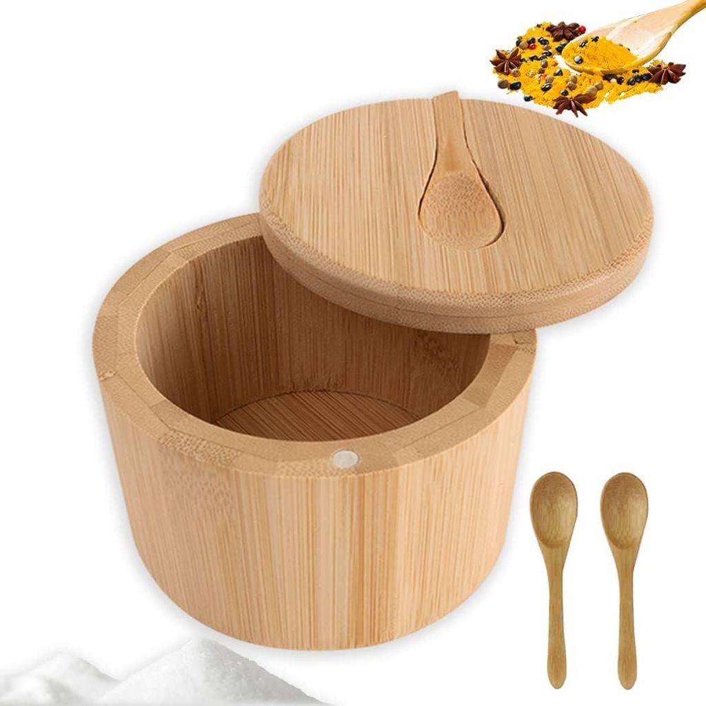 Zoutdoos container mit magnetisch draaideksel - opbergdoos voor keukenkruiden en specerijen met houten lepels - Zoutkruiden opbergdoos met peper Zo...