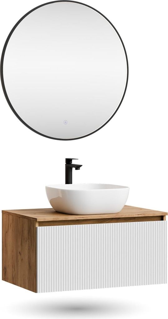 Planetmöbel ARISA Badmöbel Set Weiß Geriffelt – Mit Veluna LED Spiegel und weißem Keramik-Aufsatzwaschbecken 42 cm