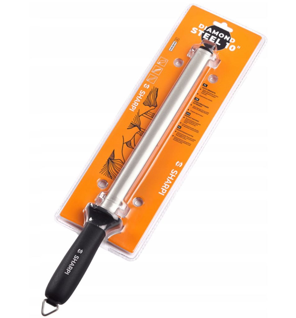 A diamond steel knife sharpener in its retail packaging.