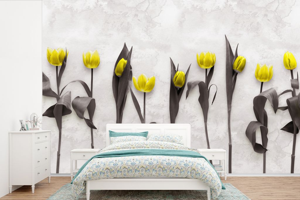 MuchoWow Fototapete für Wohnzimmer oder Schlafzimmer Wandtapete Vinyl Motivtapete Blumen - Tulpen - Marmor - 450x300 cm - Gemusterte