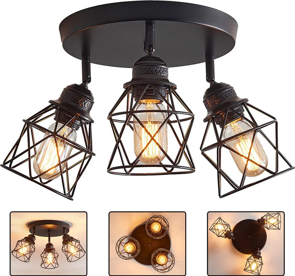 A black ceiling lamp with three adjustable spotlight heads, each with a geometric metal cage and an Edison-style bulb. The lamp is shown against a white background, with smaller inset images showing different angles and applications of the lamp.