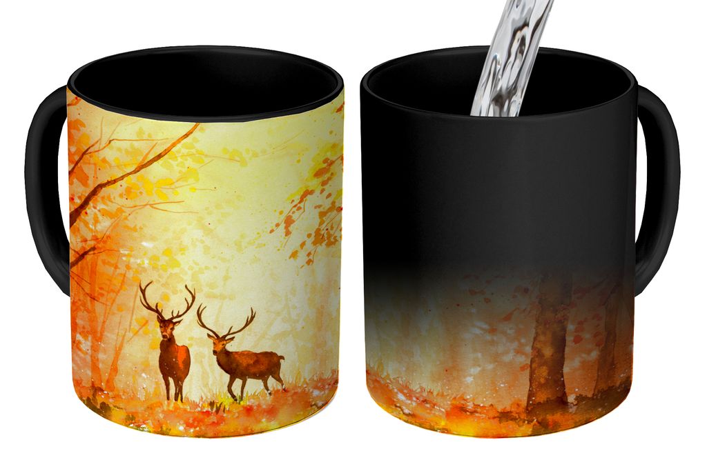 KitchenYeah Zauber Tasse Zaubertasse Magic Natur - Ölfarbe - Hirsche - Tiere - Herbst - Orange 350 ml Farbwechsel Becher Geschenk Geschenkidee -...