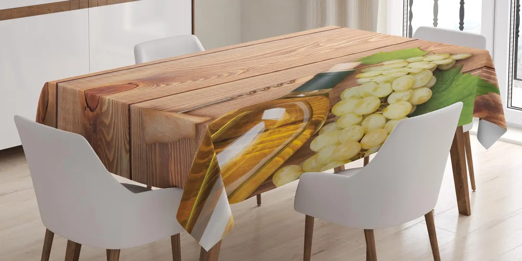 ABAKUHAUS Tovaglia da vino, bottiglia di vino e grappolo d'uva su tavolo di legno Sfondo Cena romantica italiana, 140 x 200 cm, verde marrone