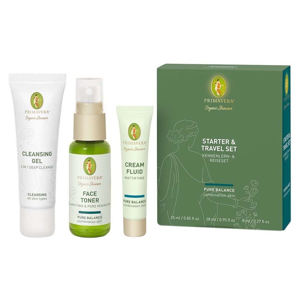 PRIMAVERA Pure Balance Starter and Travel Set for Combination and Oily Skin - Cleansing, Toning, and Moisturizing - Vegan Gift Box