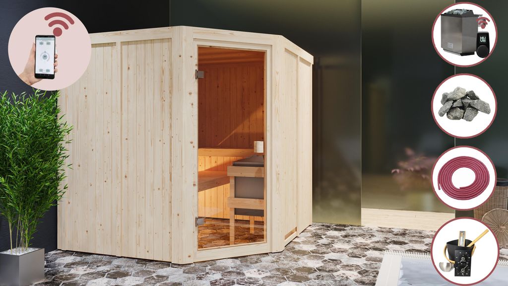 Karibu Sauna Innensauna Heimsauna HANNAH 2 Sparset 197x197 cm inkl. 9kw Ofen mit HUUM Wifi (App fähig) Steuerung