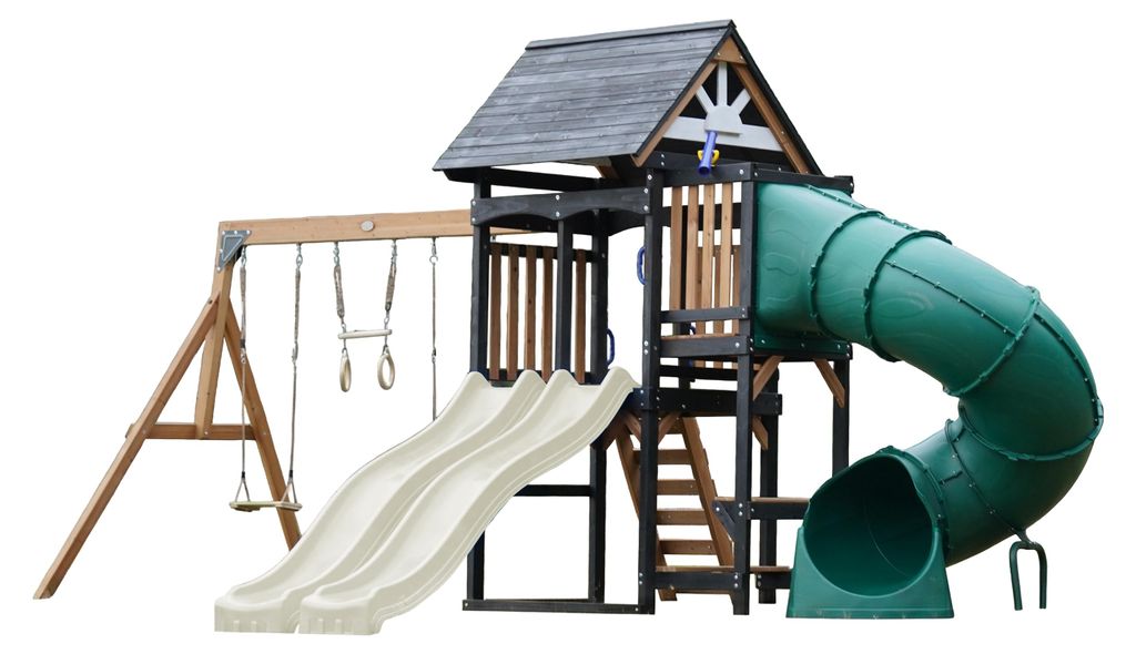 AXI Cody Spielturm aus Holz mit 2 Schaukeln & doppelter Rutsche in Creme Weiß & Röhrenrutsche | XXL Spielhaus / Spielplatz für Kinder mit Klette...