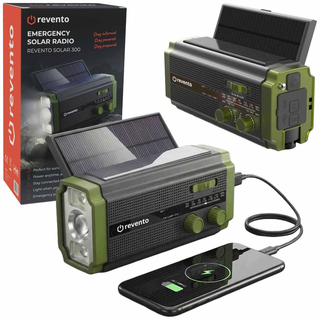REVENTO Solar Radio Solar Kurbelradio mit LED-Taschenlampe, Notfallradio AM/FM Wetter, 5000mAh Akku, Handkurbel-Dynamo, Powerbank für Smartphone