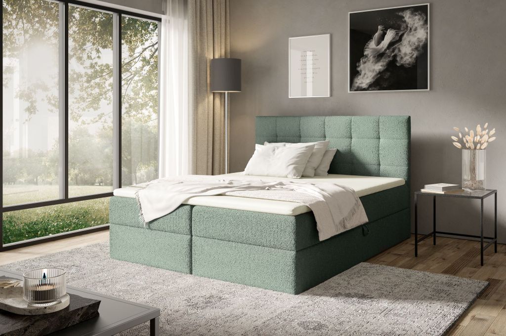 Boxspringbett 180x200 ABRIAMO von ANTONIO mit Bettkästen und Topperr, Doppelbett mit Bonell Federkernmatratze, Härtegrad H4, Bouclé-Optic Grün/...