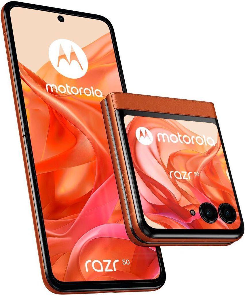 A Motorola Razr 50 flip phone, shown in both its open and closed states, against a white background.