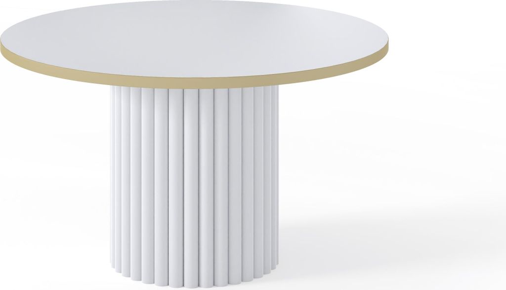 A white round table with a gold rim and a fluted white base is shown against a white background.