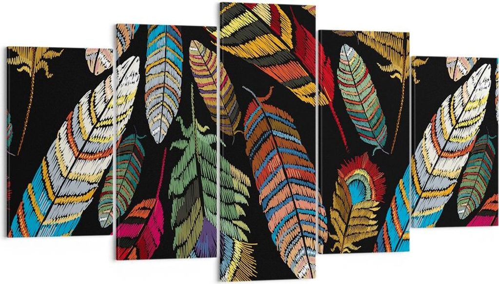Bild auf Leinwand - Leinwandbild - 5 Teile - Federn Bunt Stickerei - 160x85cm - Wand Bild - Wanddeko - Wandbilder - Leinwanddruck - Bilder - Wandde...