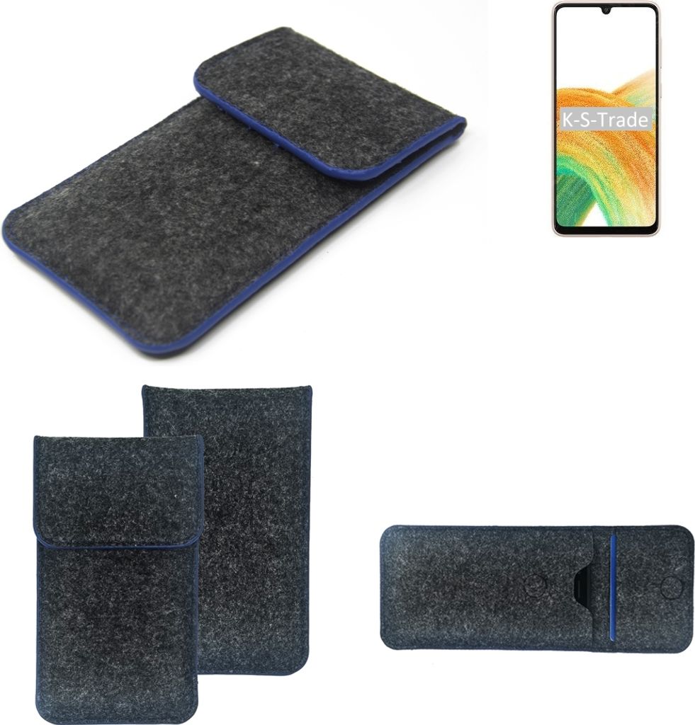 K-S-Trade Handy-Hülle Schutz-Hülle kompatibel mit Samsung Galaxy A33 5G Filztasche Pouch Tasche Case Sleeve Filzhülle dunkelgrau, blauer Rand