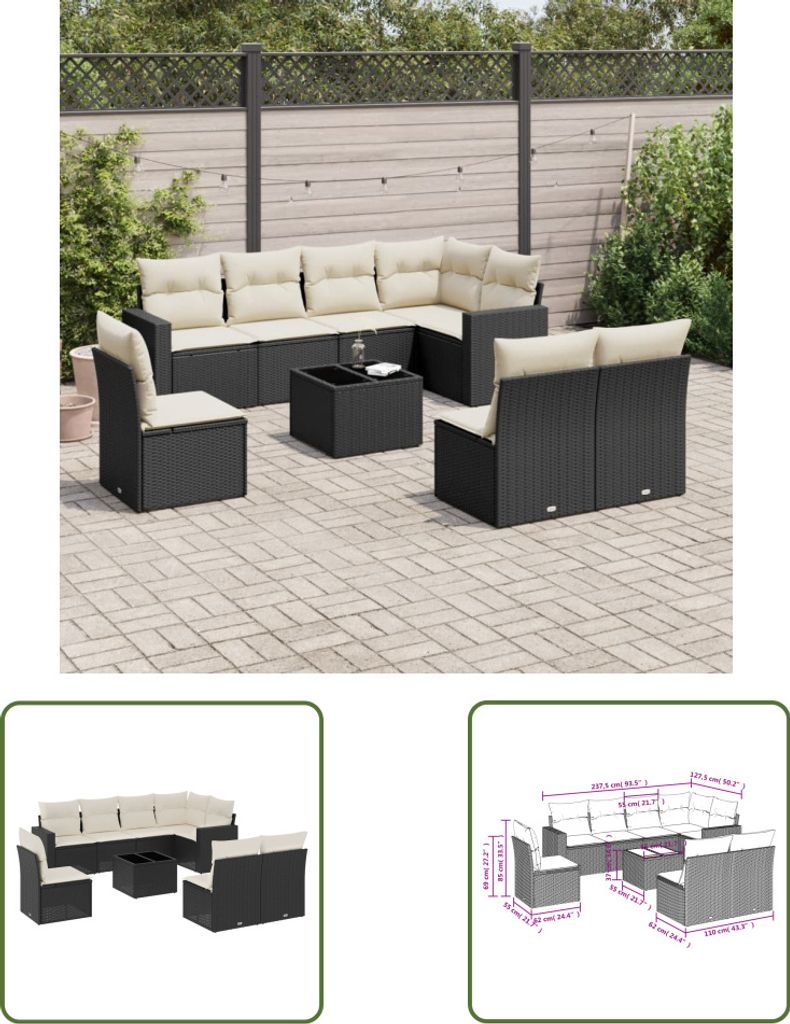 The Living Store 9-tlg. Garten-Sofagarnitur mit Kissen Schwarz Poly Rattan