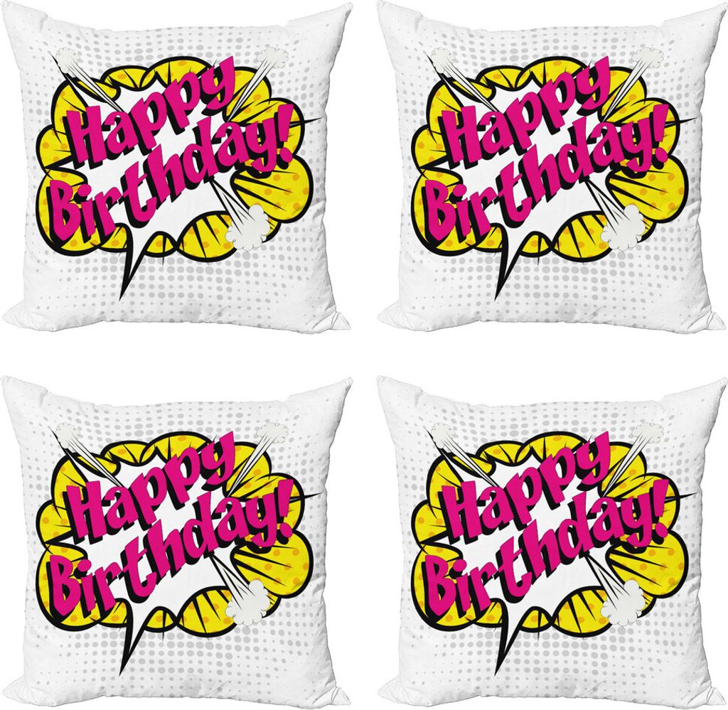 ABAKUHAUS Geburtstag Kissenbezug Set (4 Stück), Pop-Art Gruß Dots, Moderner Doppelseitiger Digitaldruck, 45 cm x 45 cm, Mehrfarbig