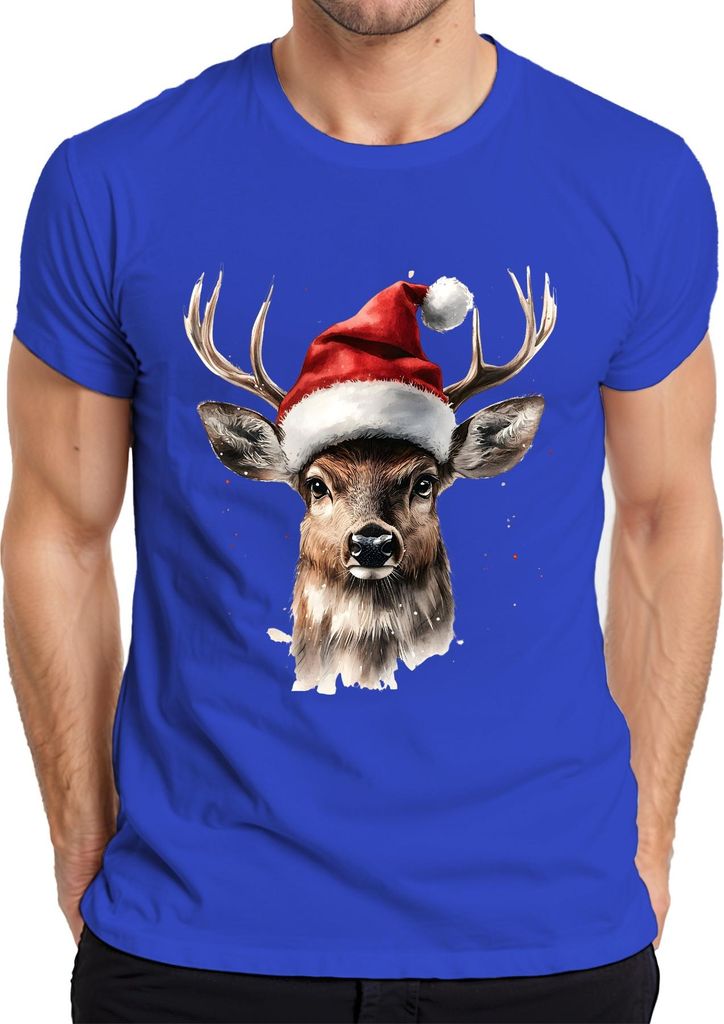 Weihnachtsrentier Geweih Santa Hut Aquarell Weihnachten Geschenk Herren T-Shirt, Blau, XXL