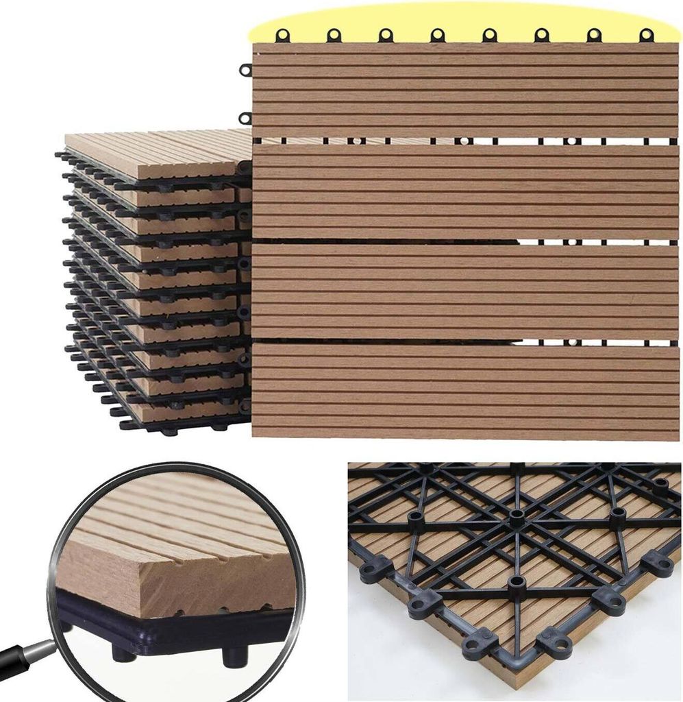 WPC Bodenfliese Rhone, Holzoptik Balkon/Terrasse, 11x je 30x30cm = 1qm Premium, teak linear