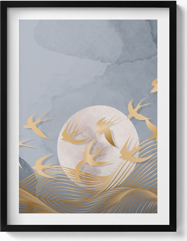 Illustration des Mondes und fliegender Vögel– Wandbild mit Rahmen – Gerahmtes Bild – Wanddekoration – 60x80 cm – Schwarz Rahmen