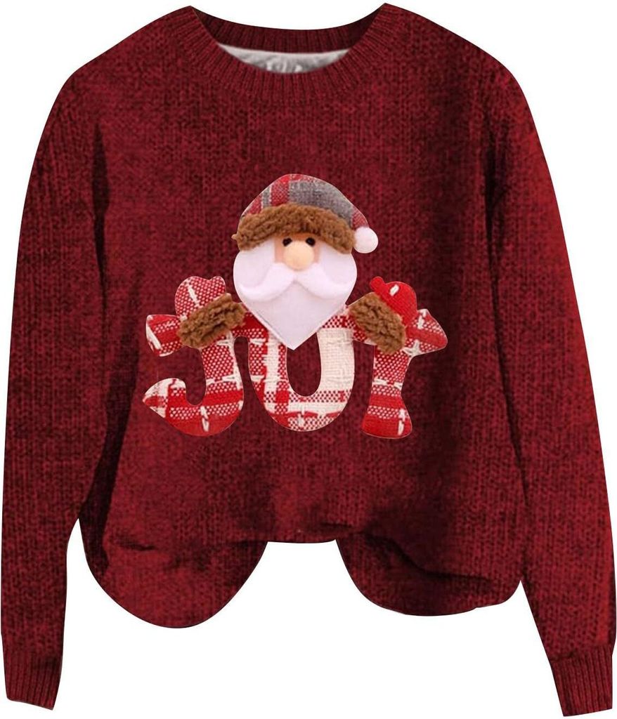 ASKSA Damen Lustige Weihnachtspullover Strickpullover Winter Rundhals Pulli Christmas Sweater Langarm Oberteile Warm Weihnachtspulli,F-Rot,4XL