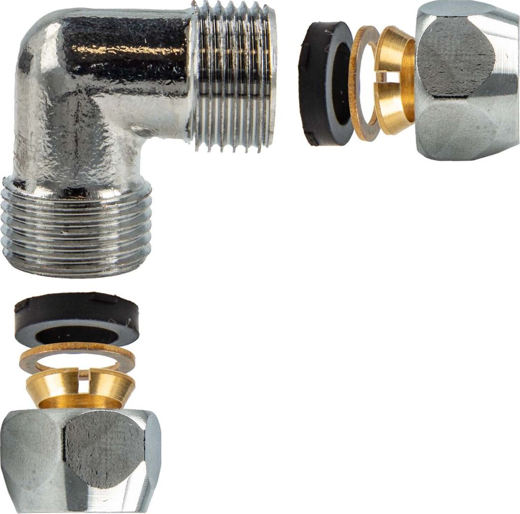 tecuro Quetschverschraubung, Winkel 90°, für Ø 10 mm Kupferrohr, Messing verchromt