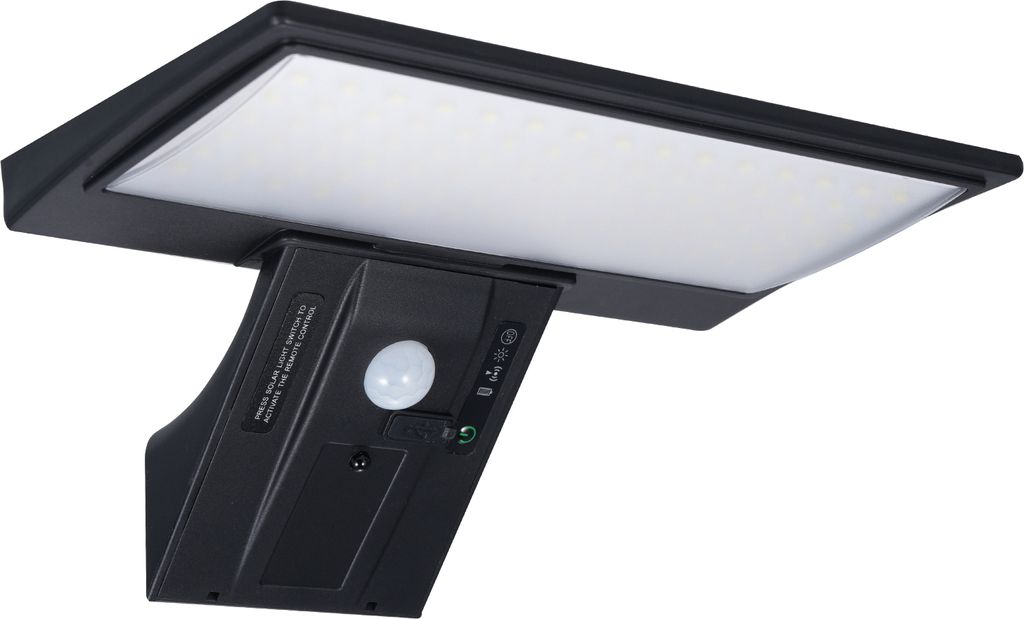 A black solar-powered wall light with a motion sensor and remote control is shown against a white background.
