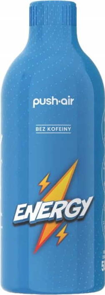 A blue bottle of energy drink with a lightning bolt graphic.