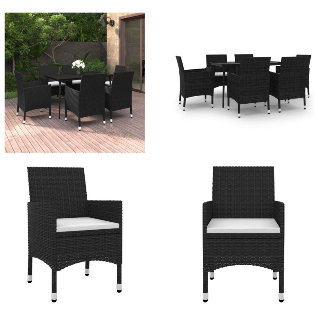 vidaXL 7 tlg. Garten Essgruppe mit Auflagen Poly Rattan und Glas - Garten-Essgruppe - Garten-Essgruppen - Outdoor-Essgruppe - Gartentisch Und Stuhl