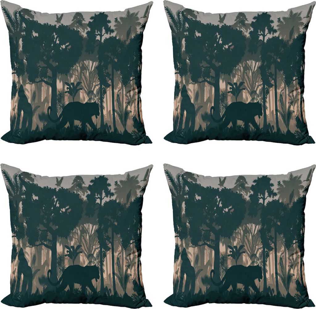 ABAKUHAUS Gorilla Kissenbezug Set (4 Stück), Spooky Wald und Tiere, Moderner Doppelseitiger Digitaldruck, 45 cm x 45 cm, Dunkel Teal und Multicolor