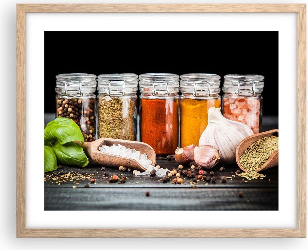 Gerahmtes Poster - Rahmen in heller Eiche - Gewürze Knoblauch Holz Salz - 50x40 cm - Wand Bild - Wanddeko - Wandbilder - Wandposter - Bilderrahmen...