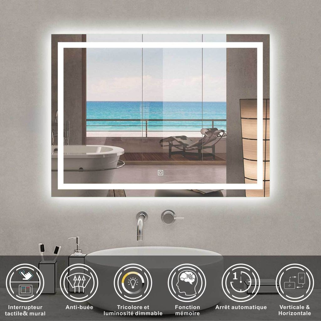 Miroir De Salle De Bain LED Rond Avec éclairage Miroir Mural Anti-buée Avec Interrupteur Tactile IP67 Économie D'énergie (C2:80x80cm