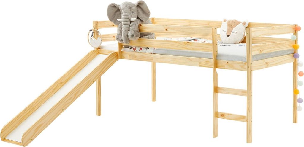 Spielbett Hochbett mit Rutsche BENNY für Kinder Kiefer massiv in natur lackiert 90 x 200 cm (B x L)