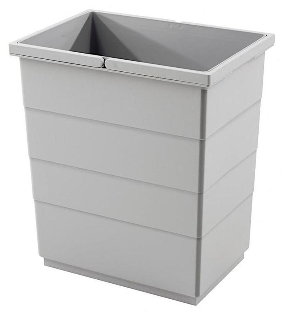 A light gray trash can with horizontal ridges on its exterior.