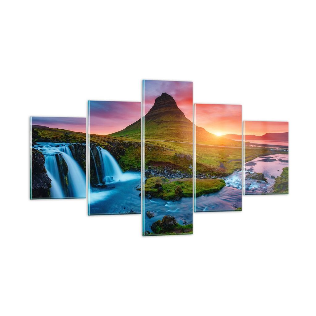Bilder auf glas - Sonnenuntergang Wasserfall Island Vulkan - 125x70cm - Glasbilder - Wandbilder - Kunstdruck - Wanddekoration aus Glas - Glas Bilde...