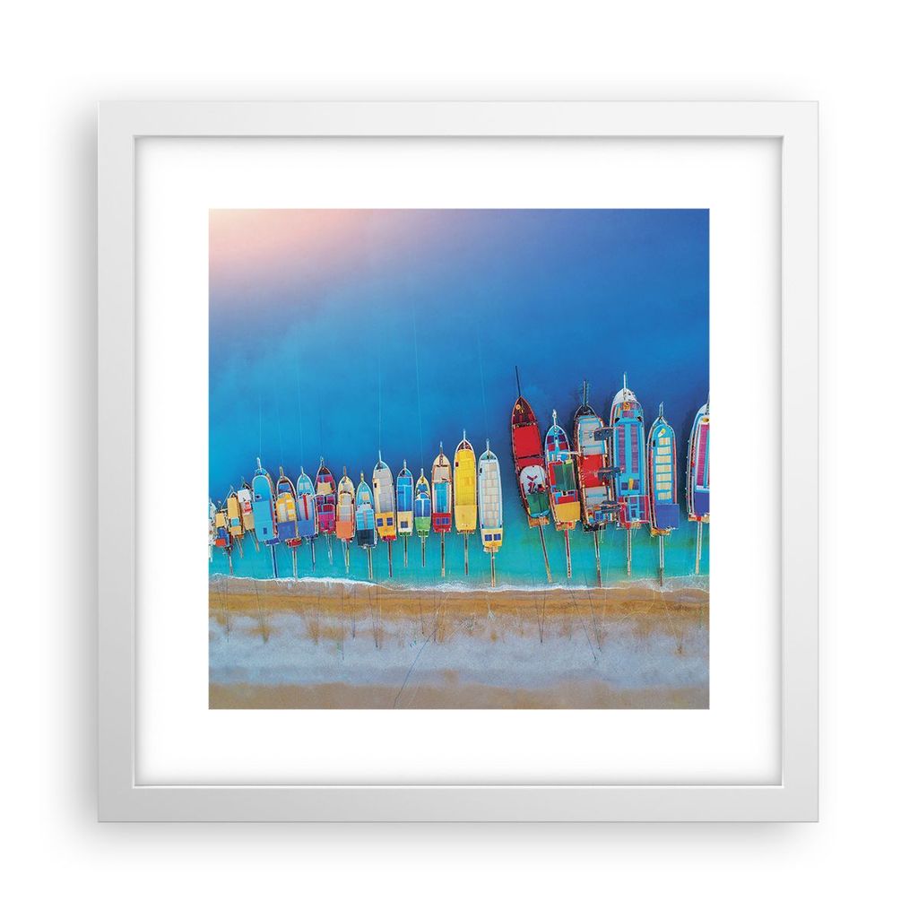 Gerahmtes Poster - Weißer Rahmen - Schiffe Strand Perspektive - 30x30 cm - Wand Bild - Wanddeko - Wandbilder - Kunstposter - Wandposter - Bilderra...
