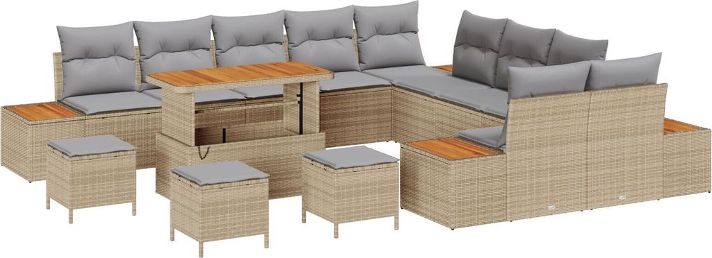 Möbel 14-teiliges Garten Sofa Set mit Kissen Beige Poly Rattan Akazie, 4-teiliges Garten Essset mit Kissen Beige Poly Rattan Akazie - Gartensofas ...