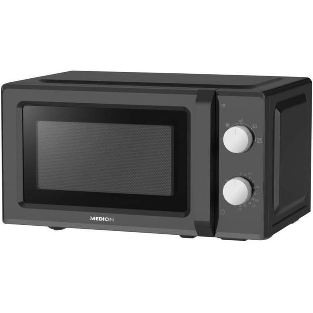 A black MEDION microwave is shown from a side-angle against a light gray background.