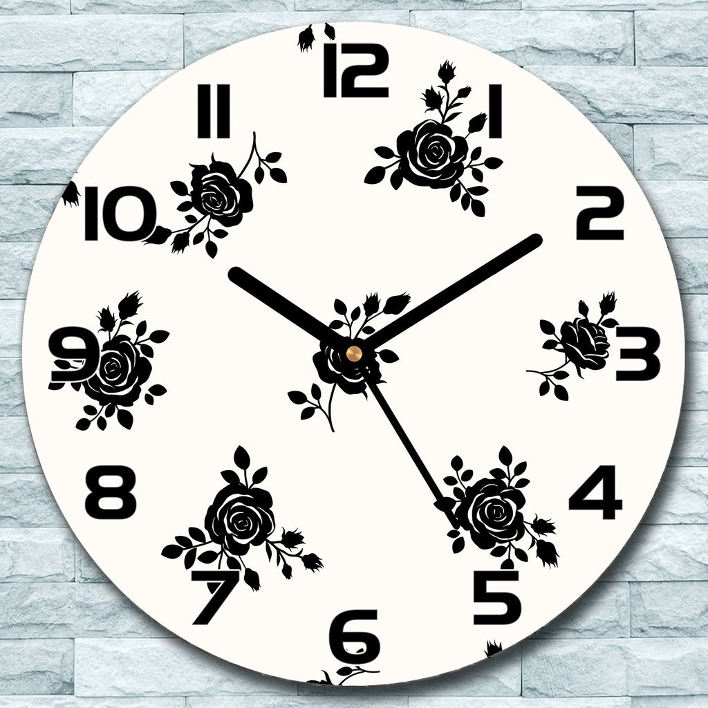Wanduhr aus Glas Rund fi 30 Rosen weiß schwarz Quarz Deko Schlafzimmer Büro