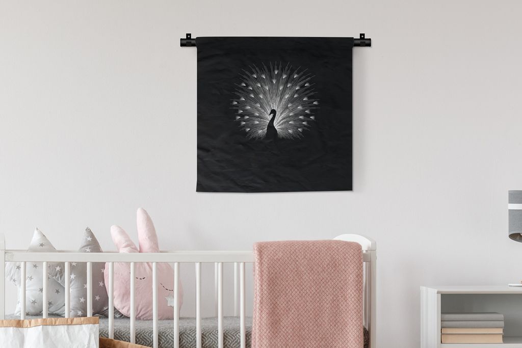 MuchoWow Wandteppich Wandbehang Pfau - Schwarz - Weiß 60x60 cm Tapisserie Dekoration Wandtuch - Dekorationen - Wand Decke