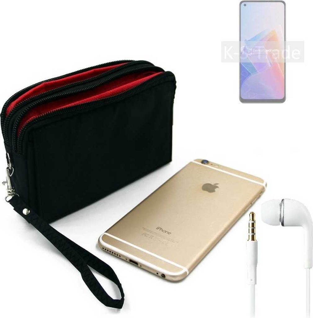 TOP SET kompatibel mit Oppo Reno7 Lite 5G Handy Hülle Gürteltasche schwarz + Kopfhörer Travel Bag Travel-Case mit Diebstahlschutz praktische Schutz