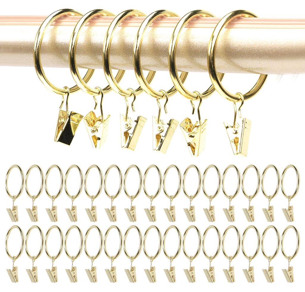 30 Gardinenringe mit Haken – Gold, klemmbare Gardinenstange, 32 mm Innendurchmesser, Gardinenringe mit Klemmen, klemmbare Gardinenstange für Gar...