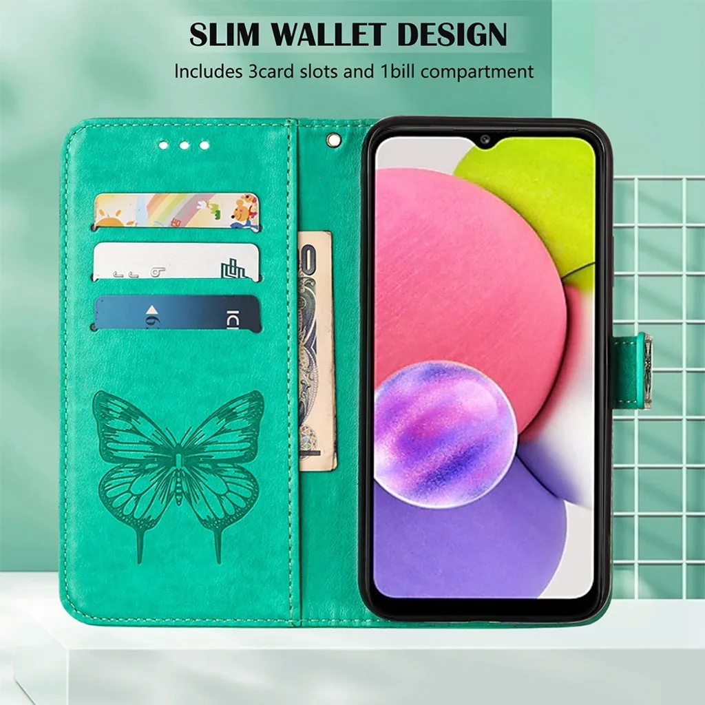 Cover Galaxy A03 Core a Libro: Portafoglio Verde Farfalla con Stand - 3