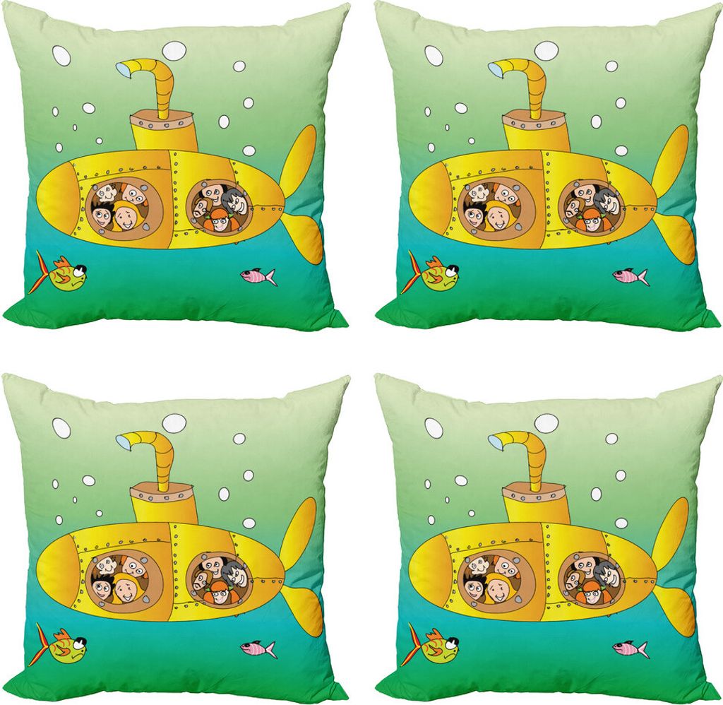 ABAKUHAUS Gelbes U-Boot Kissenbezug Set (4 Stück), Unterwasser Happy Kids, Moderner Doppelseitiger Digitaldruck, 60 cm x 60 cm, Mehrfarbig