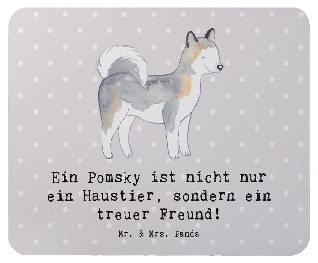 Mr. & Mrs. Panda Mousepad Pomsky Freund - Grau Pastell - Geschenk, Loyalität, Hunderassen Beschreibung, Eigenschaften, Husky, laptop mauspad, char...