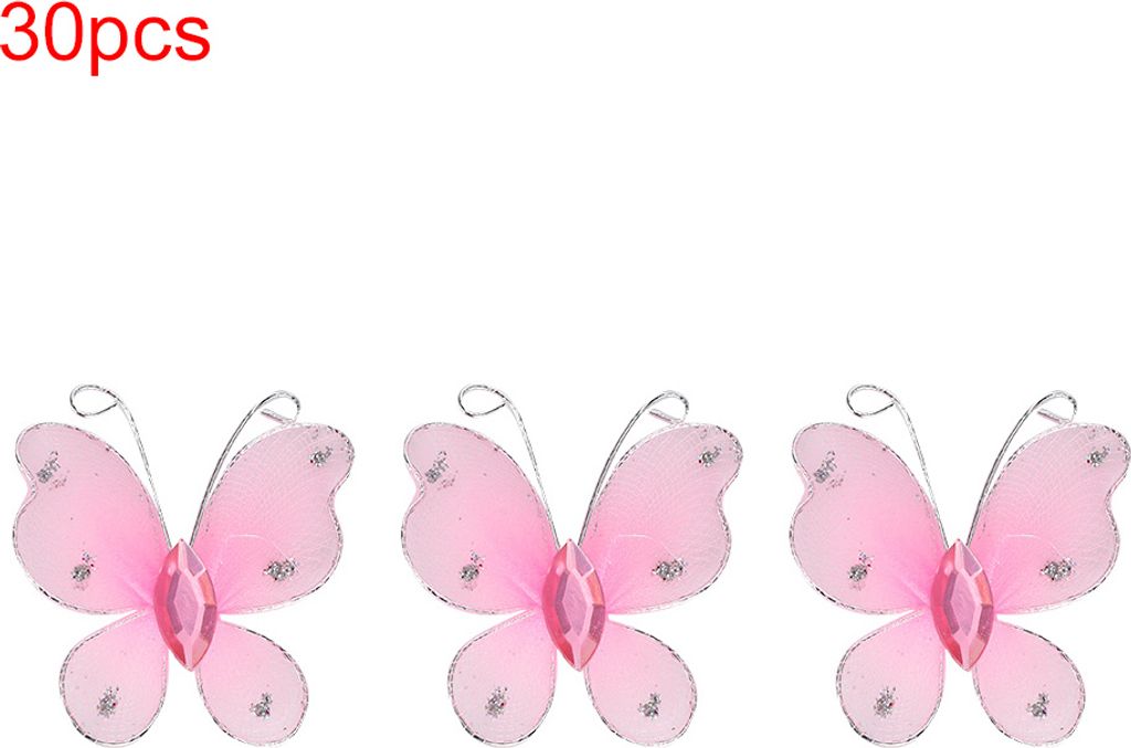 30 Stück Draht-Schmetterlinge, Glitzer-Mesh mit Kunststein, DIY Deko für Hochzeit & Zuhause, Rosa