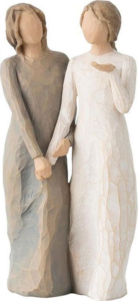 Handbemalte Harzfigur von zwei Frauen in cremefarbenen und blaugrauen Kleidern, 7 x 4 x 16 cm, für die Ausstellung zu Hause oder im Büro