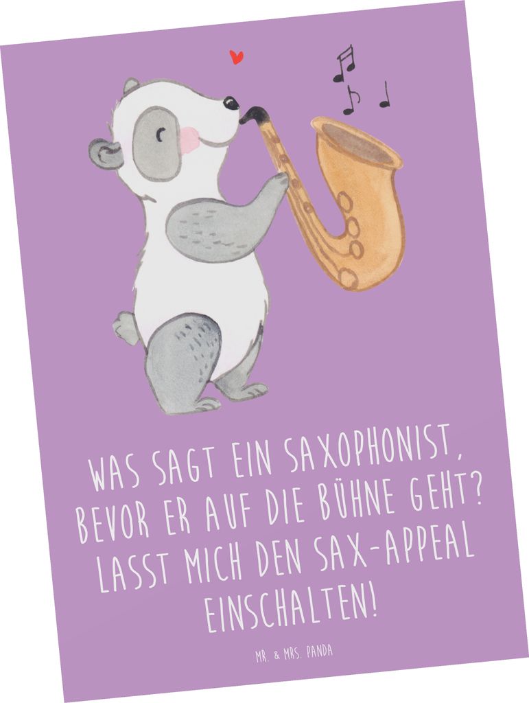 Mr. & Mrs. Panda Postkarte Magischer Saxophon-Charme - Lavendeltraum - Geschenk, Musiker, Musik, Band, Ansichtskarten, Grußkarte, Bühne, bildkart...