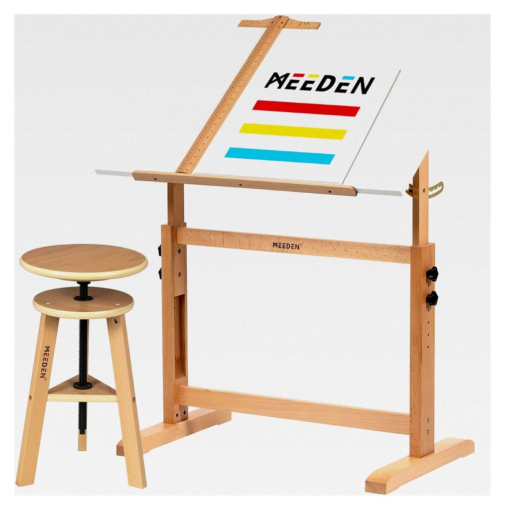 Zeichentisch Set mit Hocker, höhenverstellbarem Künstlerhocker und Handwerktisch, neigbare Tischplatte, geeignet für Schreiben, Kunst und Atelier
