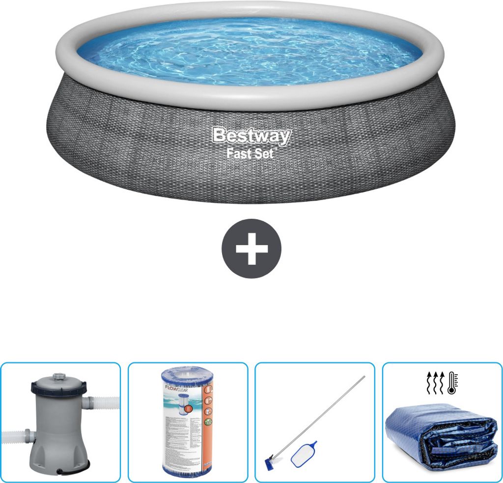 Bestway runder aufblasbarer Fast-Set-Pool – Rattan-Druck – 457 x 84 cm – inklusive Pumpe Filter - Reinigungskit - Sonnensegel