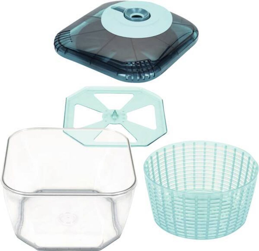 A set of salad spinner components, including a lid, a separator, a bowl, and a colander, arranged against a white background.