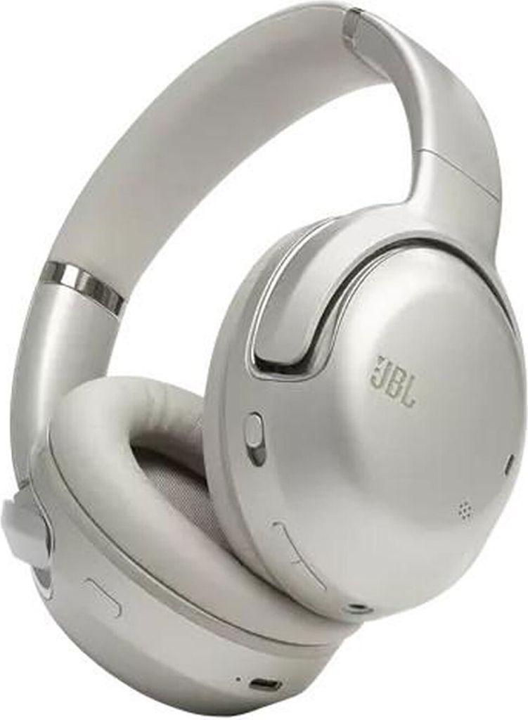 A studio shot of a pair of silver JBL headphones.